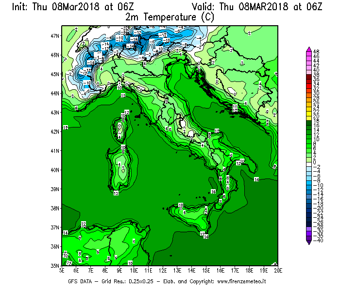 Mappa di analisi GFS - Temperatura a 2 metri dal suolo [°C] in Italia
							del 08/03/2018 06 <!--googleoff: index-->UTC<!--googleon: index-->