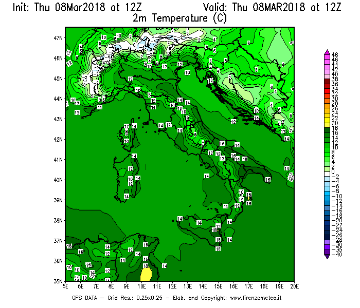 Mappa di analisi GFS - Temperatura a 2 metri dal suolo [°C] in Italia
							del 08/03/2018 12 <!--googleoff: index-->UTC<!--googleon: index-->
