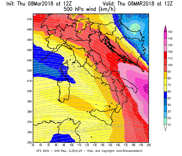 Mappa di analisi GFS - Velocità del vento a 500 hPa [km/h] in Italia
							del 08/03/2018 12 <!--googleoff: index-->UTC<!--googleon: index-->