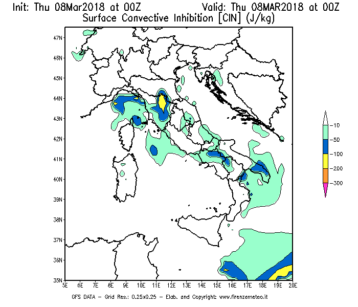 Mappa di analisi GFS - CIN [J/kg] in Italia
									del 08/03/2018 00 <!--googleoff: index-->UTC<!--googleon: index-->