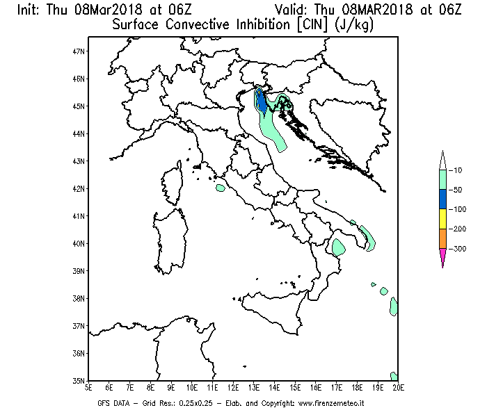 Mappa di analisi GFS - CIN [J/kg] in Italia
							del 08/03/2018 06 <!--googleoff: index-->UTC<!--googleon: index-->