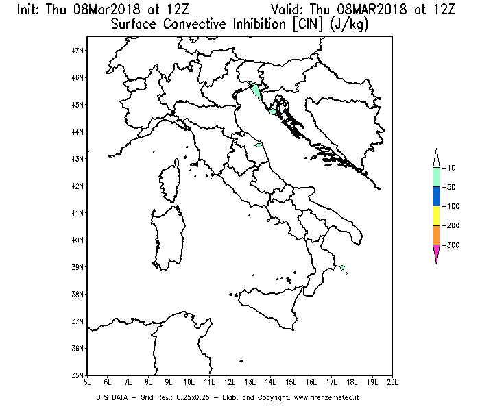 Mappa di analisi GFS - CIN [J/kg] in Italia
									del 08/03/2018 12 <!--googleoff: index-->UTC<!--googleon: index-->