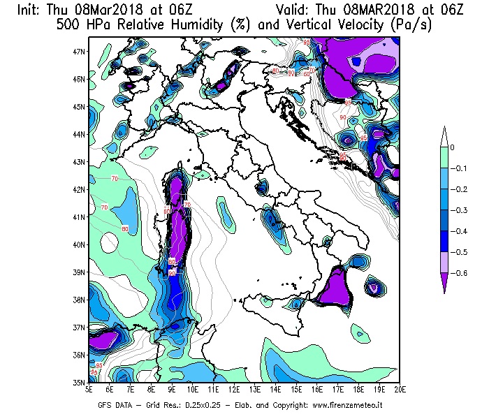 Mappa di analisi GFS - Umidità relativa [%] e Omega [Pa/s] a 500 hPa in Italia
							del 08/03/2018 06 <!--googleoff: index-->UTC<!--googleon: index-->