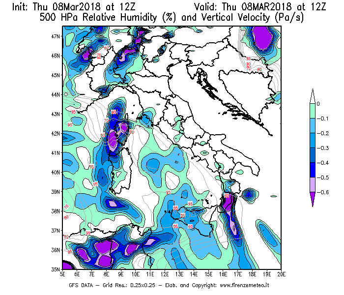 Mappa di analisi GFS - Umidità relativa [%] e Omega [Pa/s] a 500 hPa in Italia
							del 08/03/2018 12 <!--googleoff: index-->UTC<!--googleon: index-->