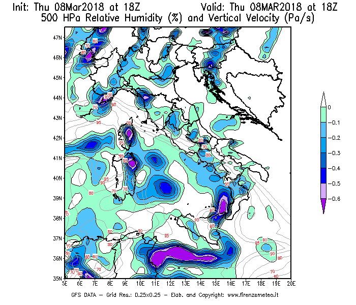 Mappa di analisi GFS - Umidità relativa [%] e Omega [Pa/s] a 500 hPa in Italia
							del 08/03/2018 18 <!--googleoff: index-->UTC<!--googleon: index-->