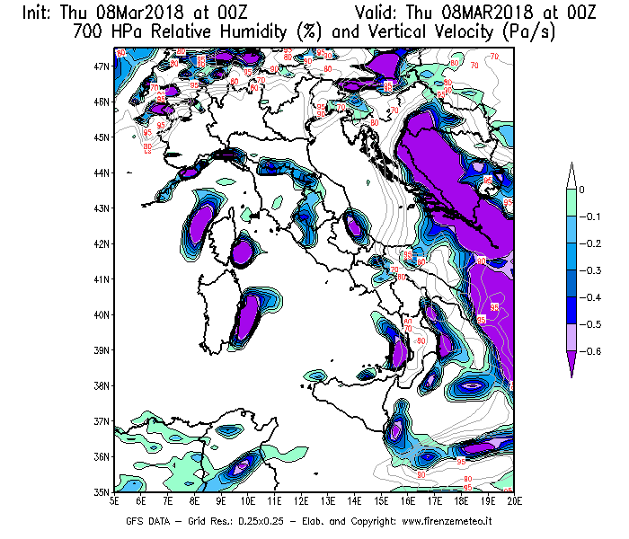 Mappa di analisi GFS - Umidità relativa [%] e Omega [Pa/s] a 700 hPa in Italia
							del 08/03/2018 00 <!--googleoff: index-->UTC<!--googleon: index-->