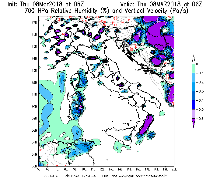 Mappa di analisi GFS - Umidità relativa [%] e Omega [Pa/s] a 700 hPa in Italia
									del 08/03/2018 06 <!--googleoff: index-->UTC<!--googleon: index-->