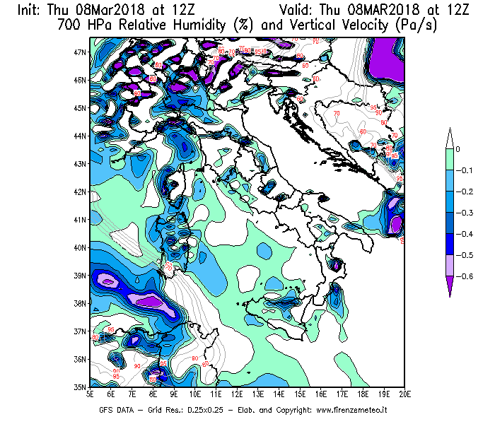 Mappa di analisi GFS - Umidità relativa [%] e Omega [Pa/s] a 700 hPa in Italia
									del 08/03/2018 12 <!--googleoff: index-->UTC<!--googleon: index-->