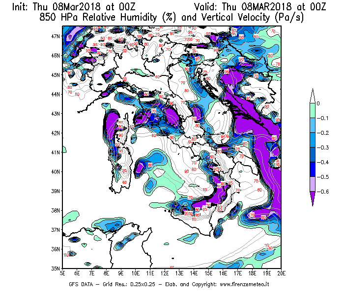 Mappa di analisi GFS - Umidità relativa [%] e Omega [Pa/s] a 850 hPa in Italia
							del 08/03/2018 00 <!--googleoff: index-->UTC<!--googleon: index-->