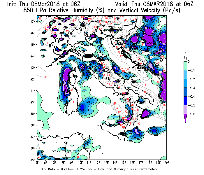 Mappa di analisi GFS - Umidità relativa [%] e Omega [Pa/s] a 850 hPa in Italia
									del 08/03/2018 06 <!--googleoff: index-->UTC<!--googleon: index-->