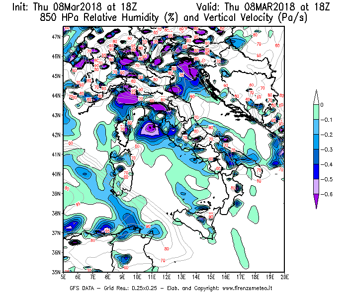 Mappa di analisi GFS - Umidità relativa [%] e Omega [Pa/s] a 850 hPa in Italia
							del 08/03/2018 18 <!--googleoff: index-->UTC<!--googleon: index-->