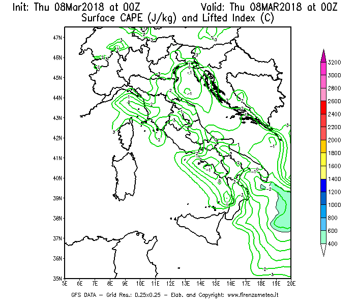 Mappa di analisi GFS - CAPE [J/kg] e Lifted Index [°C] in Italia
									del 08/03/2018 00 <!--googleoff: index-->UTC<!--googleon: index-->