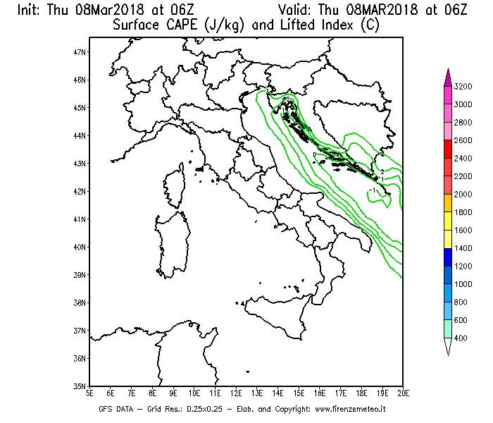 Mappa di analisi GFS - CAPE [J/kg] e Lifted Index [°C] in Italia
							del 08/03/2018 06 <!--googleoff: index-->UTC<!--googleon: index-->