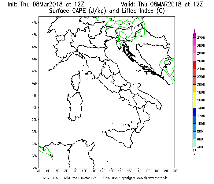 Mappa di analisi GFS - CAPE [J/kg] e Lifted Index [°C] in Italia
									del 08/03/2018 12 <!--googleoff: index-->UTC<!--googleon: index-->