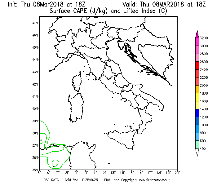 Mappa di analisi GFS - CAPE [J/kg] e Lifted Index [°C] in Italia
									del 08/03/2018 18 <!--googleoff: index-->UTC<!--googleon: index-->