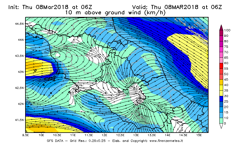 Mappa di analisi GFS - Velocità del vento a 10 metri dal suolo [km/h] in Centro-Italia
							del 08/03/2018 06 <!--googleoff: index-->UTC<!--googleon: index-->