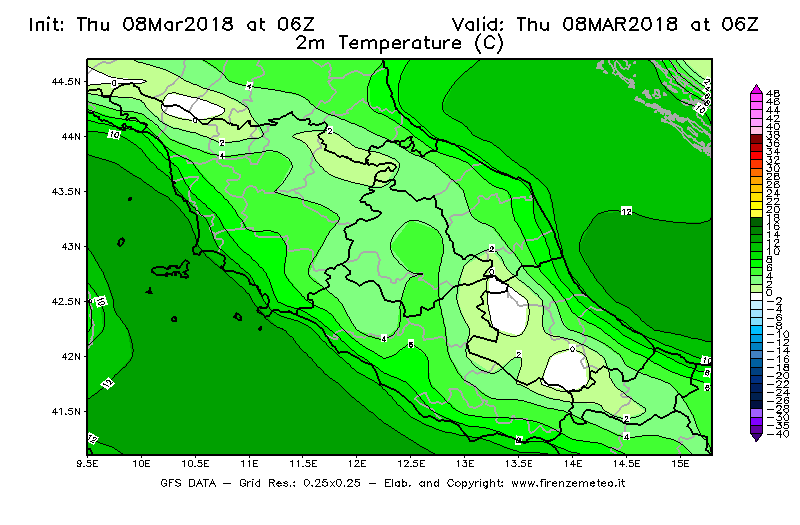 Mappa di analisi GFS - Temperatura a 2 metri dal suolo [°C] in Centro-Italia
							del 08/03/2018 06 <!--googleoff: index-->UTC<!--googleon: index-->