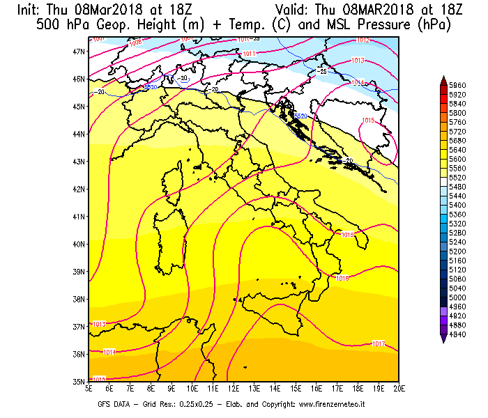 Mappa di analisi GFS - Geopotenziale [m] + Temp. [°C] a 500 hPa + Press. a livello del mare [hPa] in Italia
							del 08/03/2018 18 <!--googleoff: index-->UTC<!--googleon: index-->