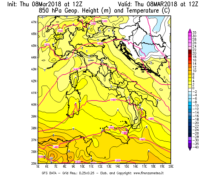 Mappa di analisi GFS - Geopotenziale [m] e Temperatura [°C] a 850 hPa in Italia
							del 08/03/2018 12 <!--googleoff: index-->UTC<!--googleon: index-->