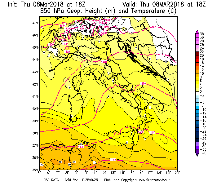 Mappa di analisi GFS - Geopotenziale [m] e Temperatura [°C] a 850 hPa in Italia
									del 08/03/2018 18 <!--googleoff: index-->UTC<!--googleon: index-->