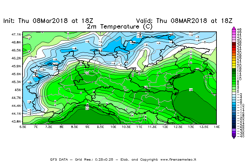 Mappa di analisi GFS - Temperatura a 2 metri dal suolo [°C] in Nord-Italia
							del 08/03/2018 18 <!--googleoff: index-->UTC<!--googleon: index-->