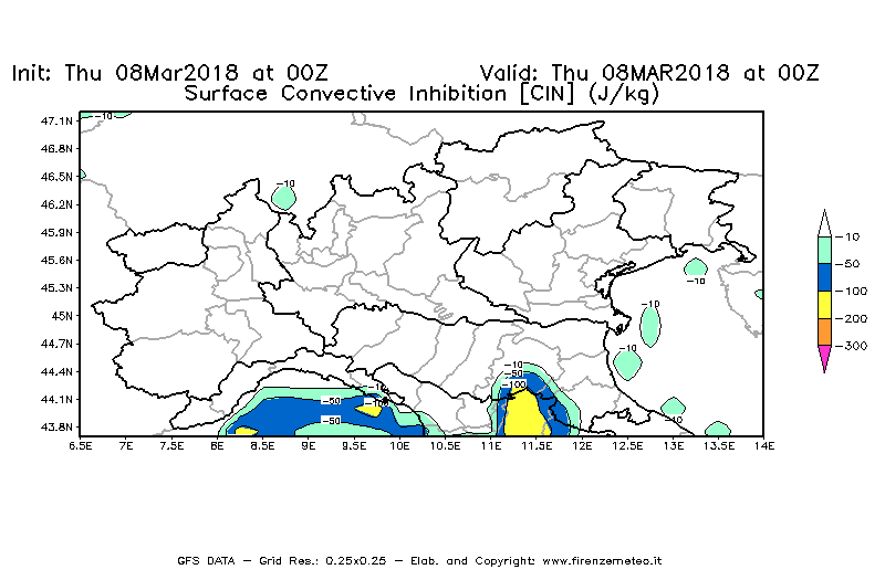 Mappa di analisi GFS - CIN [J/kg] in Nord-Italia
							del 08/03/2018 00 <!--googleoff: index-->UTC<!--googleon: index-->