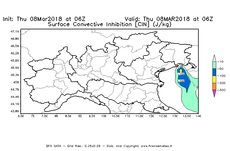 Mappa di analisi GFS - CIN [J/kg] in Nord-Italia
							del 08/03/2018 06 <!--googleoff: index-->UTC<!--googleon: index-->