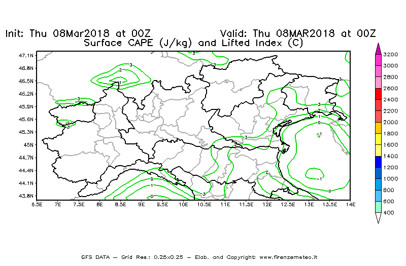 Mappa di analisi GFS - CAPE [J/kg] e Lifted Index [°C] in Nord-Italia
									del 08/03/2018 00 <!--googleoff: index-->UTC<!--googleon: index-->