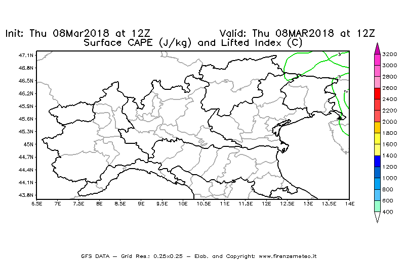 Mappa di analisi GFS - CAPE [J/kg] e Lifted Index [°C] in Nord-Italia
							del 08/03/2018 12 <!--googleoff: index-->UTC<!--googleon: index-->