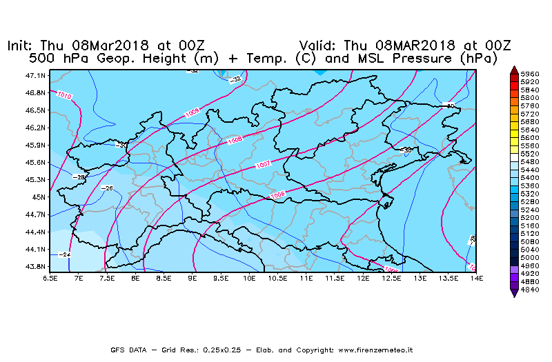 Mappa di analisi GFS - Geopotenziale [m] + Temp. [°C] a 500 hPa + Press. a livello del mare [hPa] in Nord-Italia
									del 08/03/2018 00 <!--googleoff: index-->UTC<!--googleon: index-->