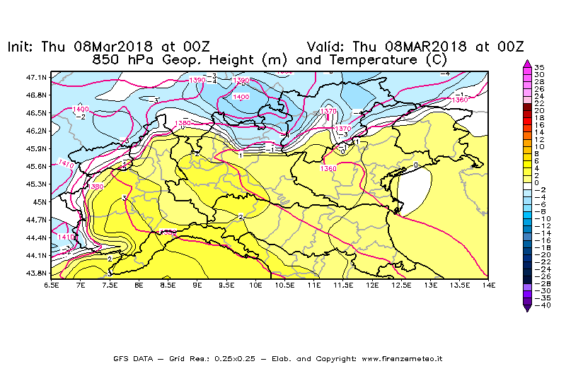 Mappa di analisi GFS - Geopotenziale [m] e Temperatura [°C] a 850 hPa in Nord-Italia
									del 08/03/2018 00 <!--googleoff: index-->UTC<!--googleon: index-->