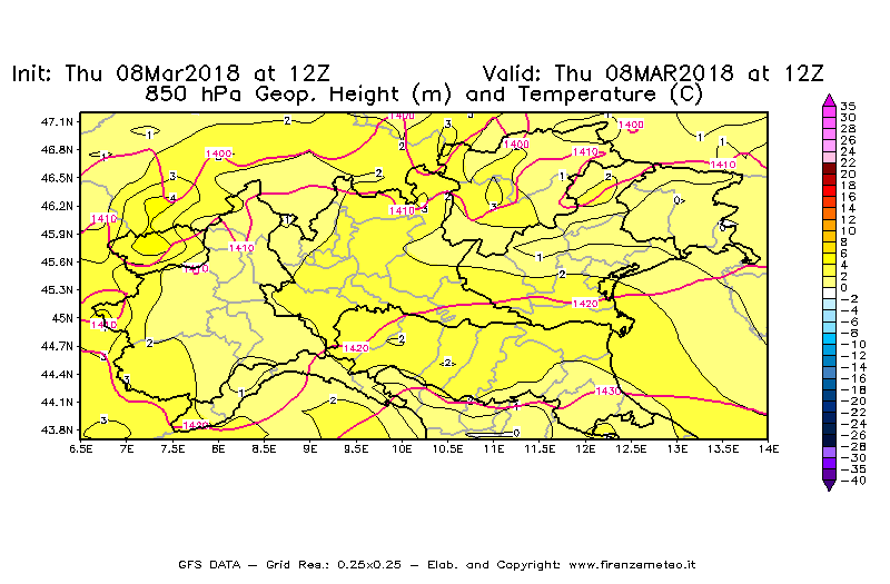 Mappa di analisi GFS - Geopotenziale [m] e Temperatura [°C] a 850 hPa in Nord-Italia
									del 08/03/2018 12 <!--googleoff: index-->UTC<!--googleon: index-->