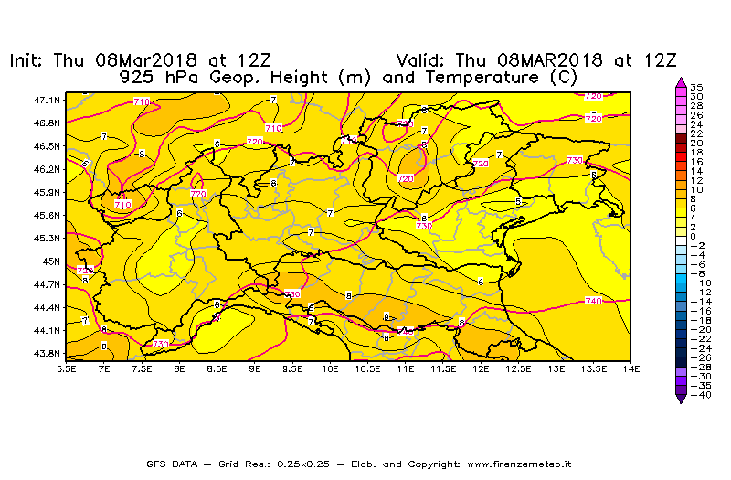 Mappa di analisi GFS - Geopotenziale [m] e Temperatura [°C] a 925 hPa in Nord-Italia
									del 08/03/2018 12 <!--googleoff: index-->UTC<!--googleon: index-->