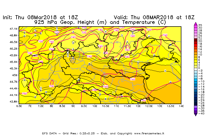 Mappa di analisi GFS - Geopotenziale [m] e Temperatura [°C] a 925 hPa in Nord-Italia
							del 08/03/2018 18 <!--googleoff: index-->UTC<!--googleon: index-->