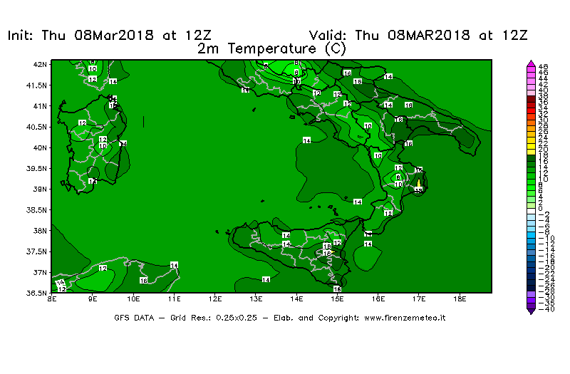 Mappa di analisi GFS - Temperatura a 2 metri dal suolo [°C] in Sud-Italia
									del 08/03/2018 12 <!--googleoff: index-->UTC<!--googleon: index-->