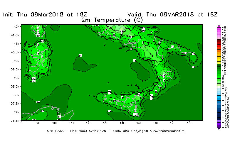 Mappa di analisi GFS - Temperatura a 2 metri dal suolo [°C] in Sud-Italia
							del 08/03/2018 18 <!--googleoff: index-->UTC<!--googleon: index-->