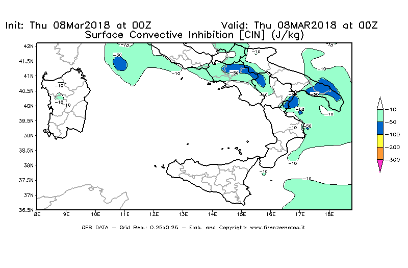 Mappa di analisi GFS - CIN [J/kg] in Sud-Italia
									del 08/03/2018 00 <!--googleoff: index-->UTC<!--googleon: index-->