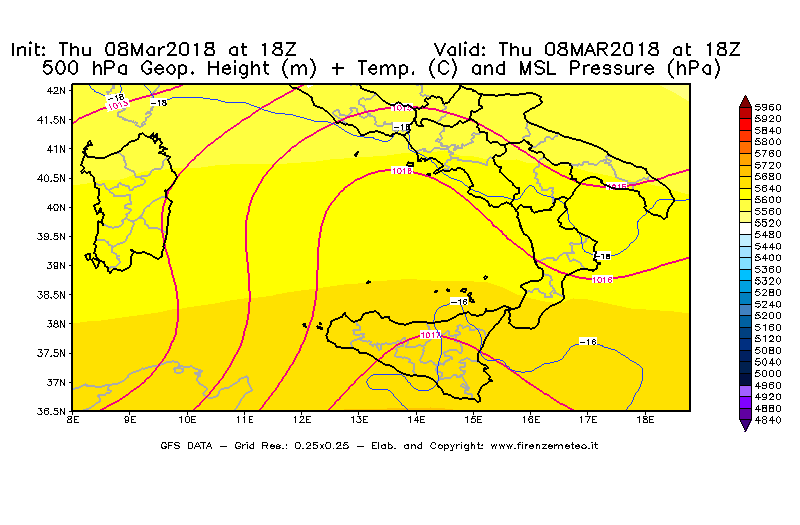 Mappa di analisi GFS - Geopotenziale [m] + Temp. [°C] a 500 hPa + Press. a livello del mare [hPa] in Sud-Italia
							del 08/03/2018 18 <!--googleoff: index-->UTC<!--googleon: index-->