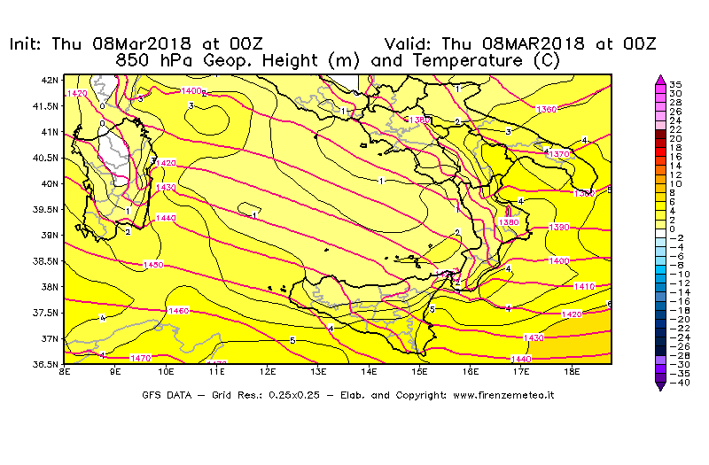 Mappa di analisi GFS - Geopotenziale [m] e Temperatura [°C] a 850 hPa in Sud-Italia
							del 08/03/2018 00 <!--googleoff: index-->UTC<!--googleon: index-->