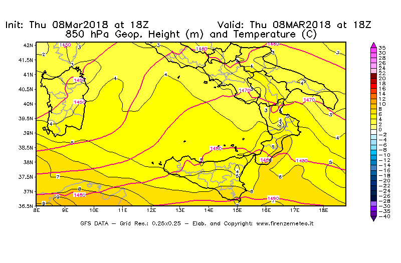 Mappa di analisi GFS - Geopotenziale [m] e Temperatura [°C] a 850 hPa in Sud-Italia
							del 08/03/2018 18 <!--googleoff: index-->UTC<!--googleon: index-->