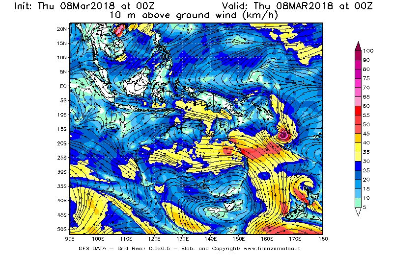 Mappa di analisi GFS - Velocità del vento a 10 metri dal suolo [km/h] in Oceania
									del 08/03/2018 00 <!--googleoff: index-->UTC<!--googleon: index-->