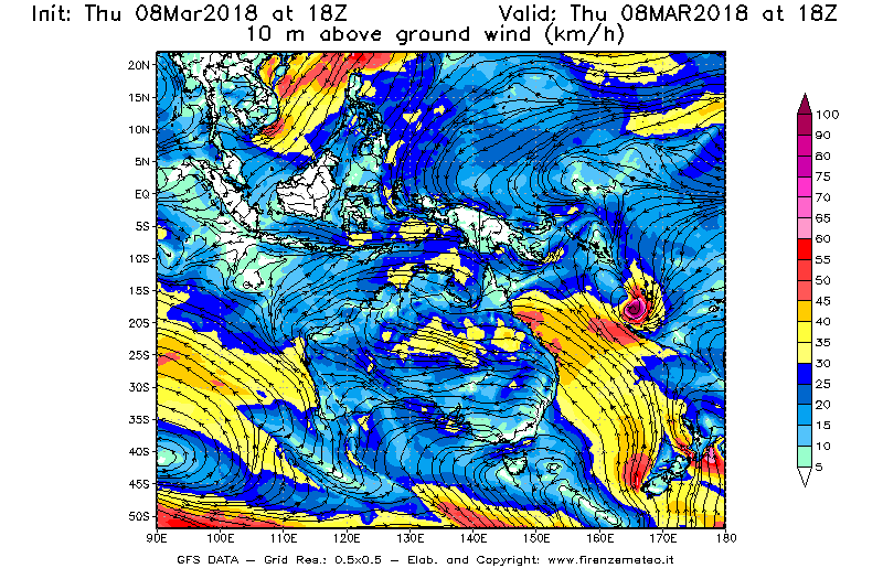 Mappa di analisi GFS - Velocità del vento a 10 metri dal suolo [km/h] in Oceania
							del 08/03/2018 18 <!--googleoff: index-->UTC<!--googleon: index-->