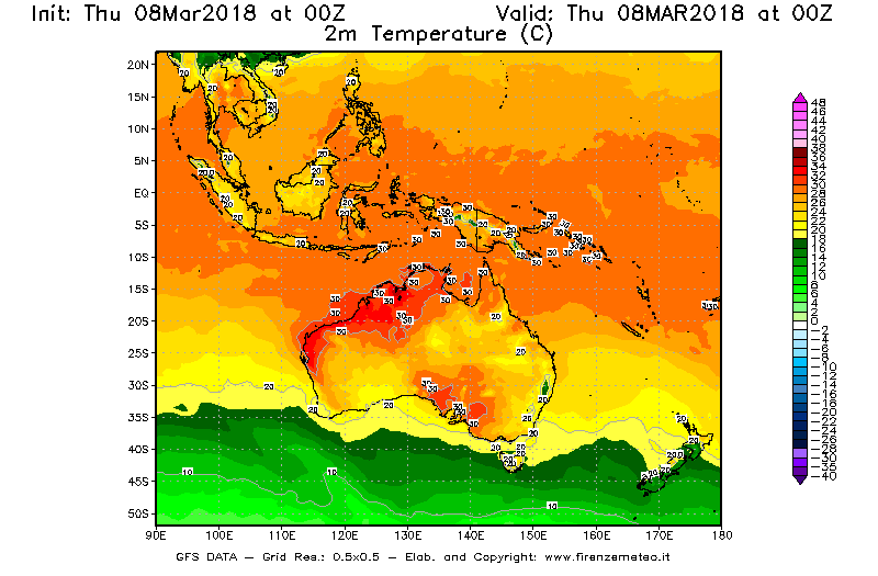 Mappa di analisi GFS - Temperatura a 2 metri dal suolo [°C] in Oceania
									del 08/03/2018 00 <!--googleoff: index-->UTC<!--googleon: index-->