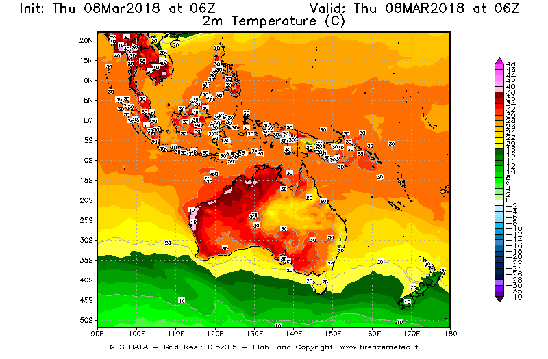 Mappa di analisi GFS - Temperatura a 2 metri dal suolo [°C] in Oceania
									del 08/03/2018 06 <!--googleoff: index-->UTC<!--googleon: index-->