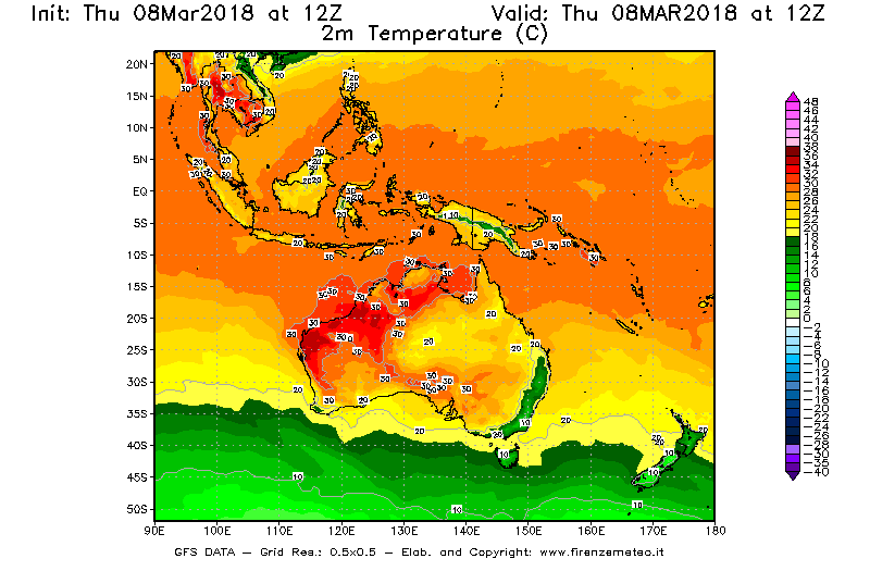 Mappa di analisi GFS - Temperatura a 2 metri dal suolo [°C] in Oceania
									del 08/03/2018 12 <!--googleoff: index-->UTC<!--googleon: index-->