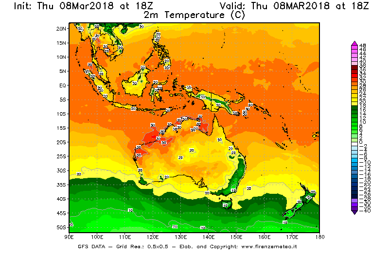 Mappa di analisi GFS - Temperatura a 2 metri dal suolo [°C] in Oceania
									del 08/03/2018 18 <!--googleoff: index-->UTC<!--googleon: index-->