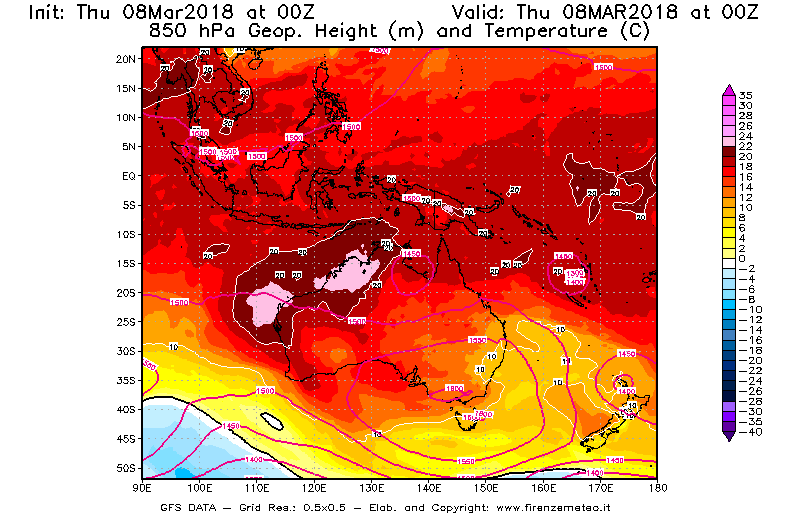 Mappa di analisi GFS - Geopotenziale [m] e Temperatura [°C] a 850 hPa in Oceania
							del 08/03/2018 00 <!--googleoff: index-->UTC<!--googleon: index-->