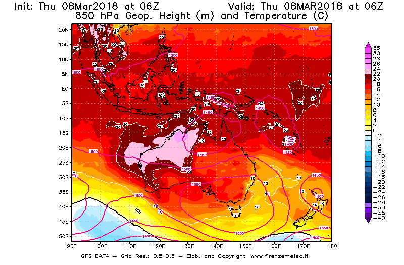 Mappa di analisi GFS - Geopotenziale [m] e Temperatura [°C] a 850 hPa in Oceania
							del 08/03/2018 06 <!--googleoff: index-->UTC<!--googleon: index-->