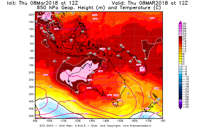 Mappa di analisi GFS - Geopotenziale [m] e Temperatura [°C] a 850 hPa in Oceania
							del 08/03/2018 12 <!--googleoff: index-->UTC<!--googleon: index-->