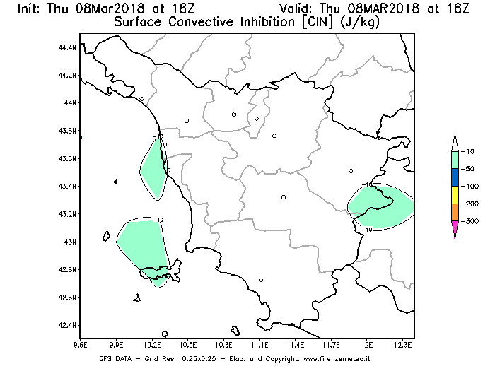 Mappa di analisi GFS - CIN [J/kg] in Toscana
									del 08/03/2018 18 <!--googleoff: index-->UTC<!--googleon: index-->